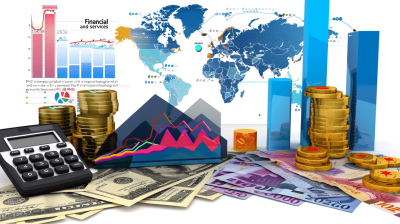 Illustration of "My Mother Ung's financial services and products" featuring money, coins, calculator, graph chart with world map background, web design presentation graphic, white background, 3D rendering, best quality, masterpiece in the style of 20k.