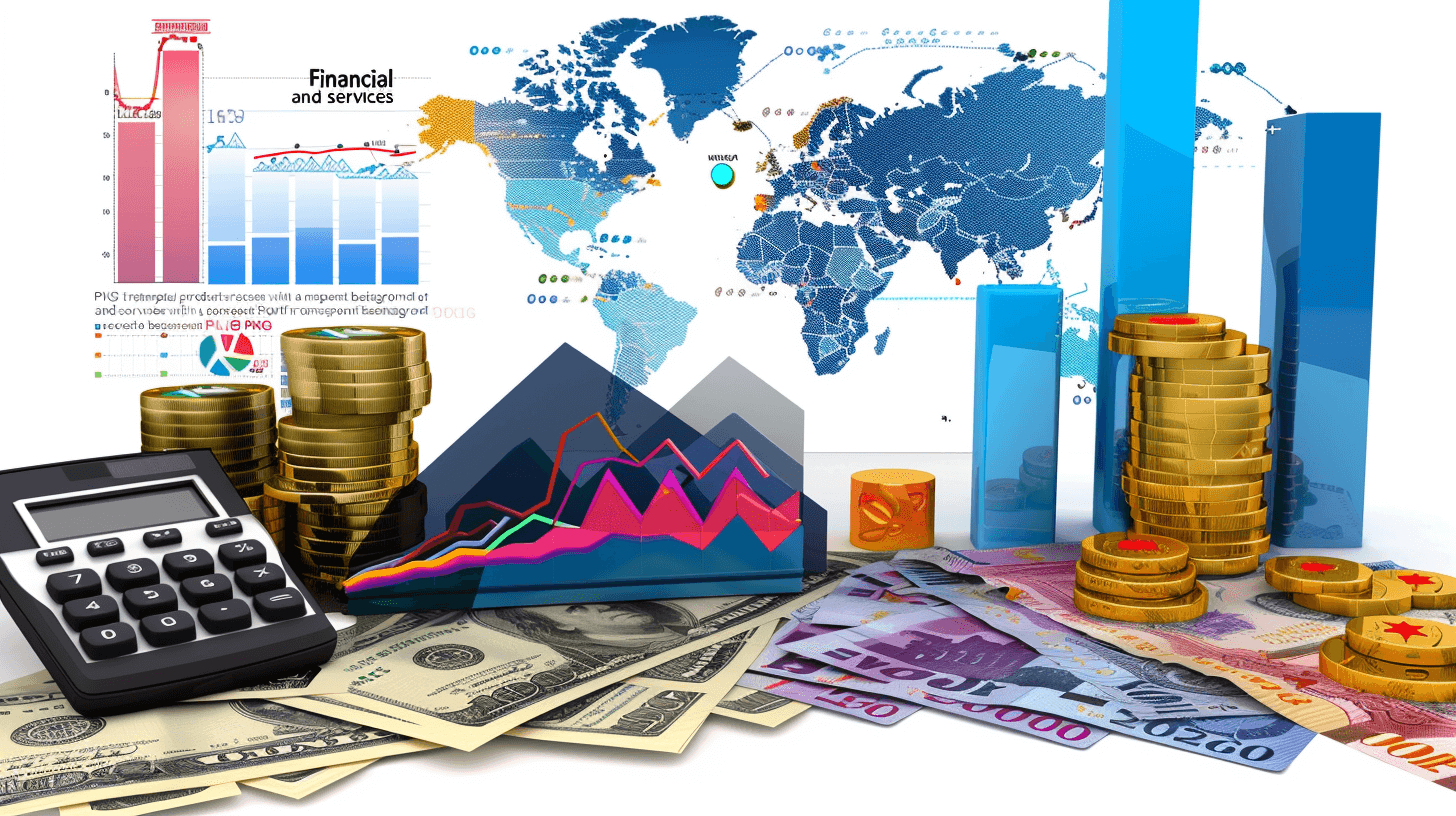 Illustration of “My Mother Ung’s financial services and products” featuring money, coins, calculator, graph chart with world map background, web design presentation graphic, white background, 3D rendering, best quality, masterpiece in the style of 20k.