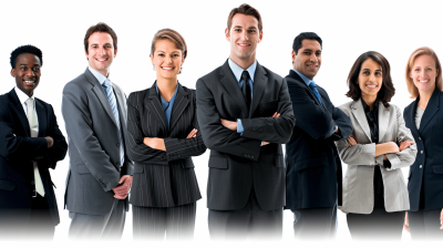 A group of business people standing in front with a white background, smiling and looking at the camera, wearing suits and ties for a professional portrait photograph taken in the style of high resolution, high detail, high quality, high definition photography with sharp focus and high dynamic range.