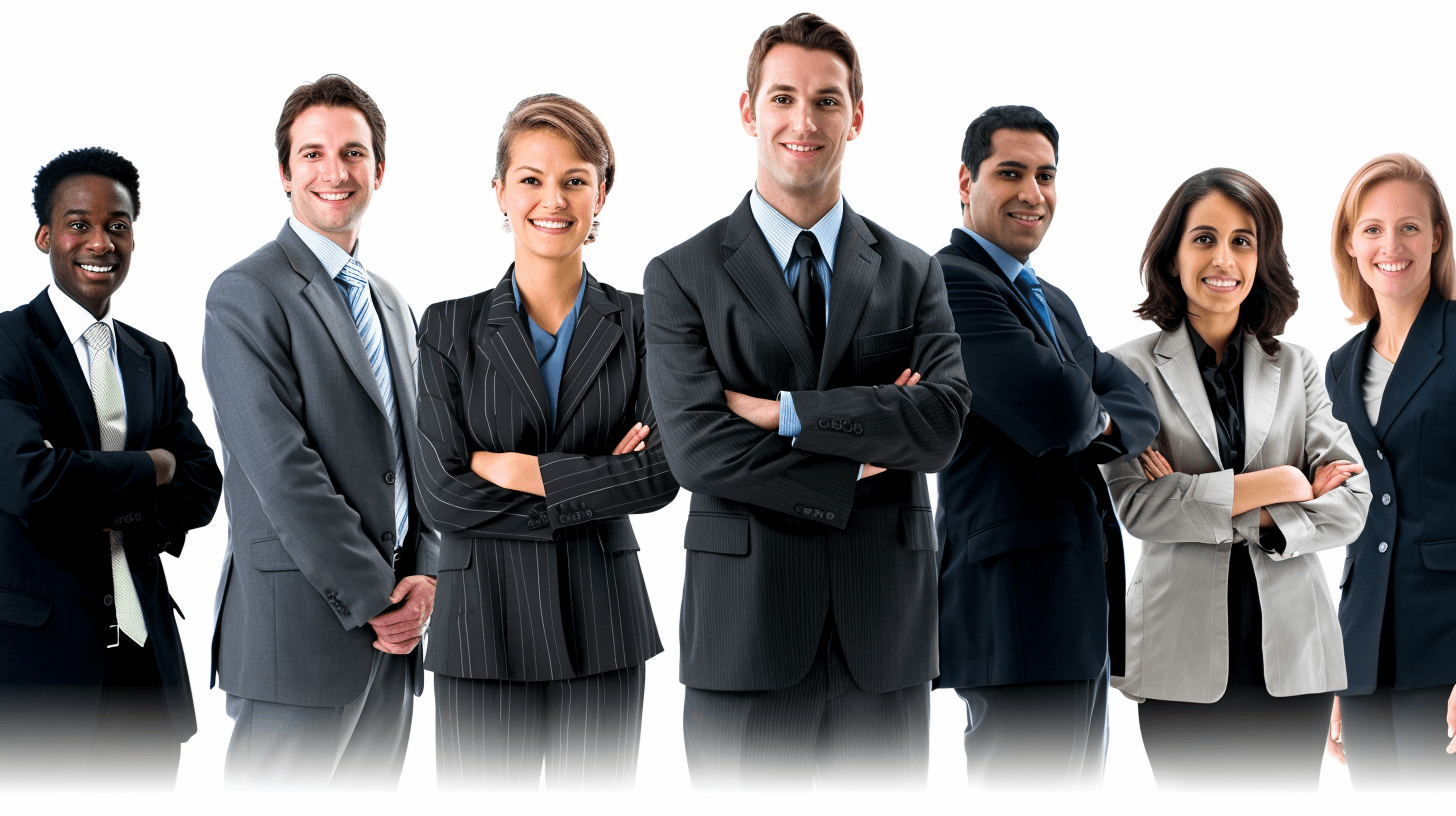 A group of business people standing in front with a white background, smiling and looking at the camera, wearing suits and ties for a professional portrait photograph taken in the style of high resolution, high detail, high quality, high definition photography with sharp focus and high dynamic range.