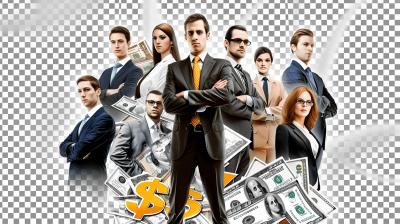 An ultrarealistic digital artwork of business people standing in front with dollar bills, transparent background PNG file. Include men and women dressed for work. Ensure high resolution details to capture the essence of a professional setting. Highlight their expressions as they stand confidently against the backdrop of cash symbolizing success. The text '50k' should be clearly visible on top.