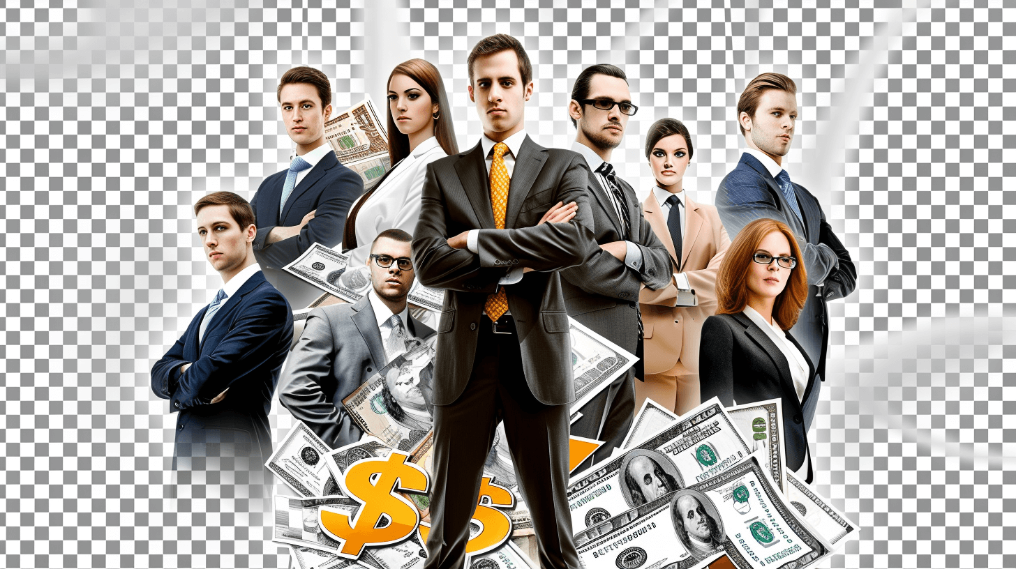 An ultrarealistic digital artwork of business people standing in front with dollar bills, transparent background PNG file. Include men and women dressed for work. Ensure high resolution details to capture the essence of a professional setting. Highlight their expressions as they stand confidently against the backdrop of cash symbolizing success. The text ’50k’ should be clearly visible on top.