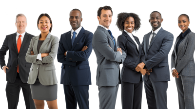 A diverse group of businesspeople standing together, smiling and looking confident against a white background. A diverse team of businessmen and women concept with male and female black people in suits isolated on white. Black businessmen and women posing for the camera in the style of different artists.