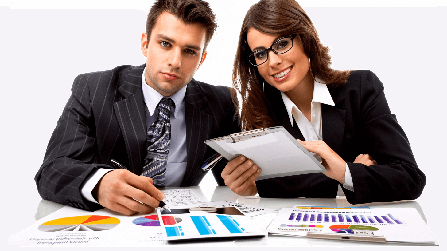 two business people with white background, one man and woman in suit sitting at the desk looking to camera smiling holding documents , on table is calculator, sheets of paper with graphs, color palette dark blue green grey black brown purple red yellow orange light gray, stock photo style,