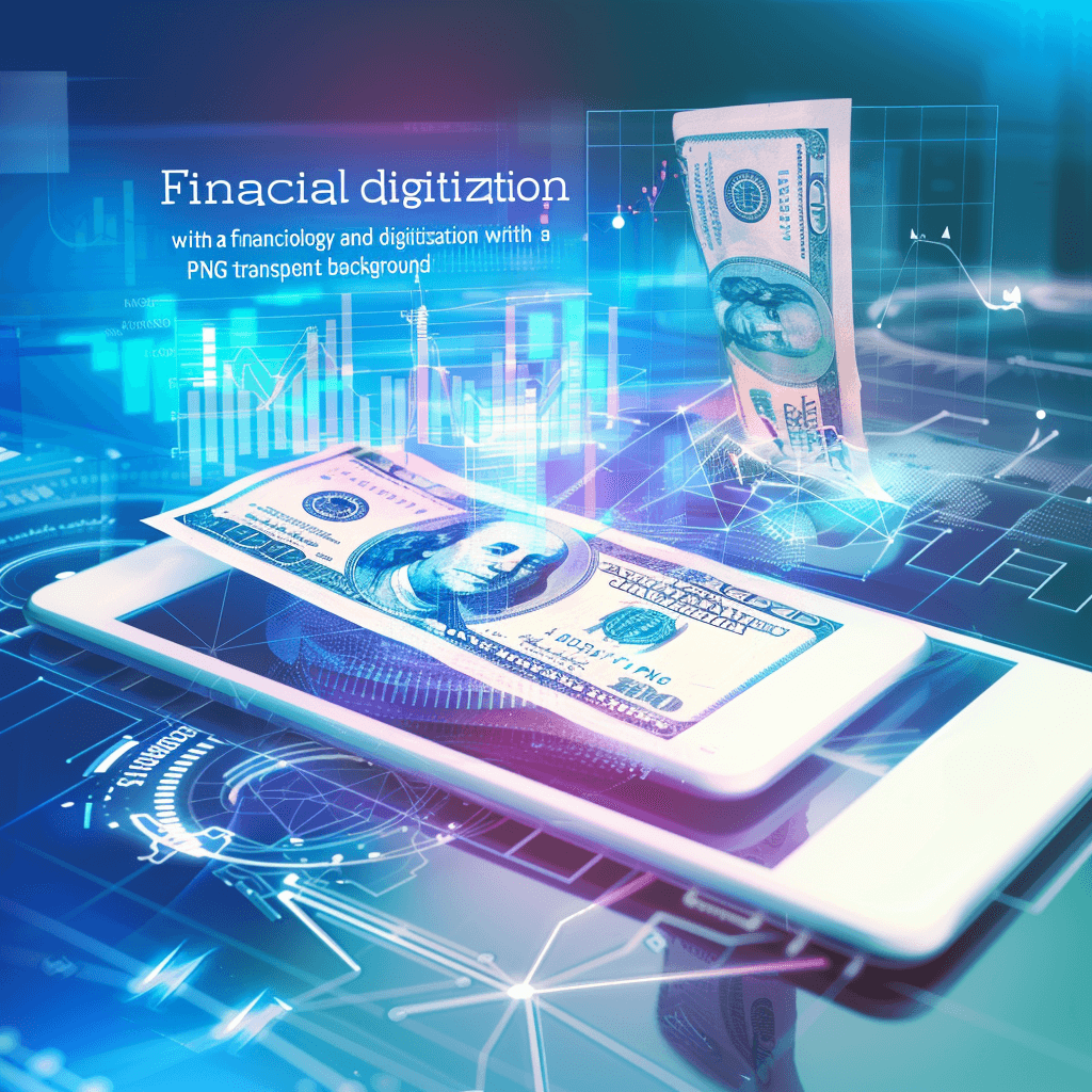 morphing financial technology digitalization with dollar bill on tablet, screen and graph background with transparent png element, in the style of illustration, 3d render