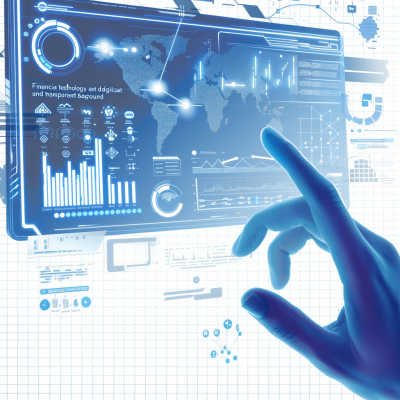 motif of financial technology and digital transformation with hand touching screen displaying graphs, charts and world map", white background, futuristic style, blue color theme, digital graphics on the left side of composition, web design elements in right corner, high resolution, detailed illustration, professional photography, shot using Hasselblad H6D400c medium format camera, natural light, hyper realistic