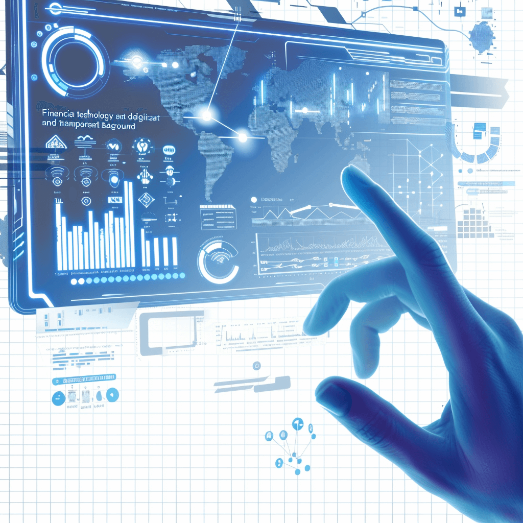 motif of financial technology and digital transformation with hand touching screen displaying graphs, charts and world map”, white background, futuristic style, blue color theme, digital graphics on the left side of composition, web design elements in right corner, high resolution, detailed illustration, professional photography, shot using Hasselblad H6D400c medium format camera, natural light, hyper realistic