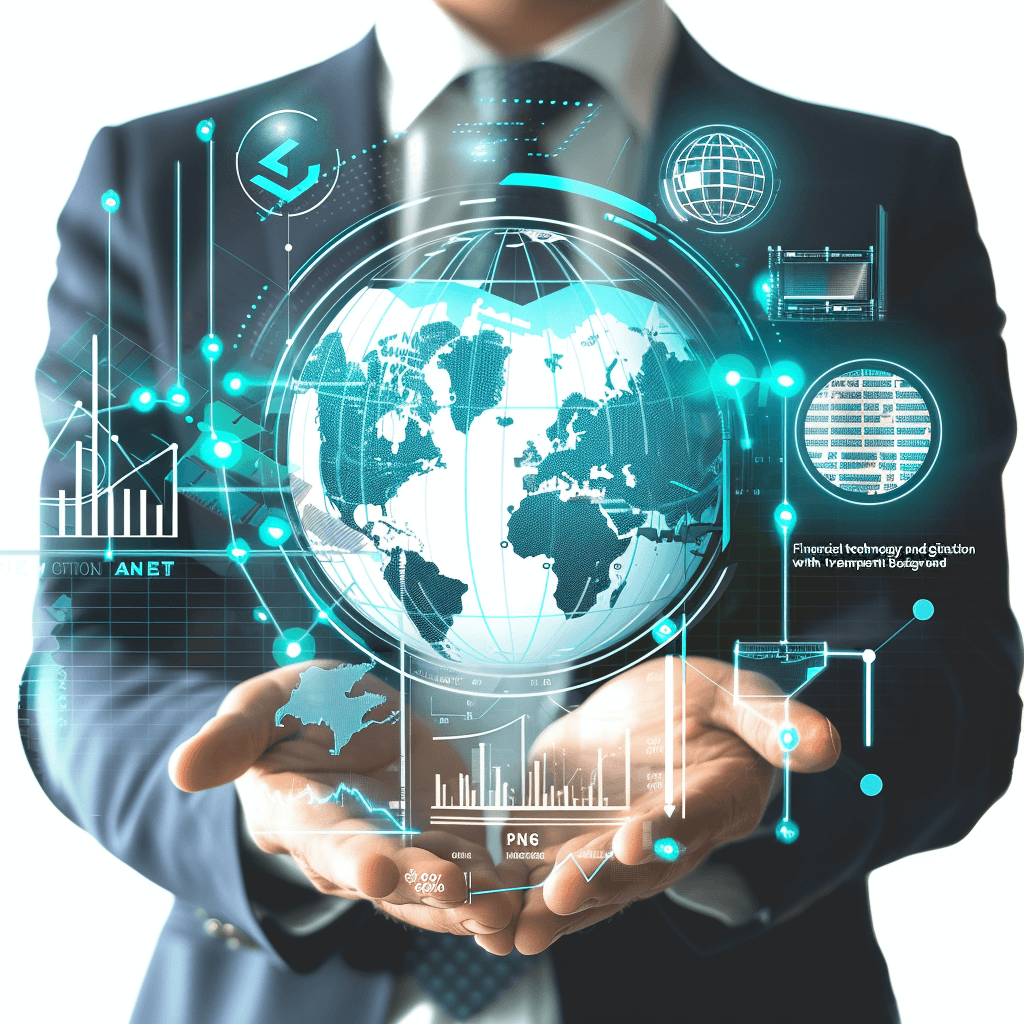 Digital technology and globalization theme with businessman holding virtual earth globe, data charts icons and graphs on white background. Businessman in suit showing digital world map hologram with financial elements and business chart iconography, symbolizing the integration of technological innovation into online marketing and sales. Highly detailed stock photo in the style of hyper realistic detail.