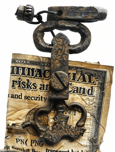 A vintage key, with "entina's creatures and security" written on it; next to the lock is an old bill of "risks", and money clip in black metal with silver details, all isolated against a white background.