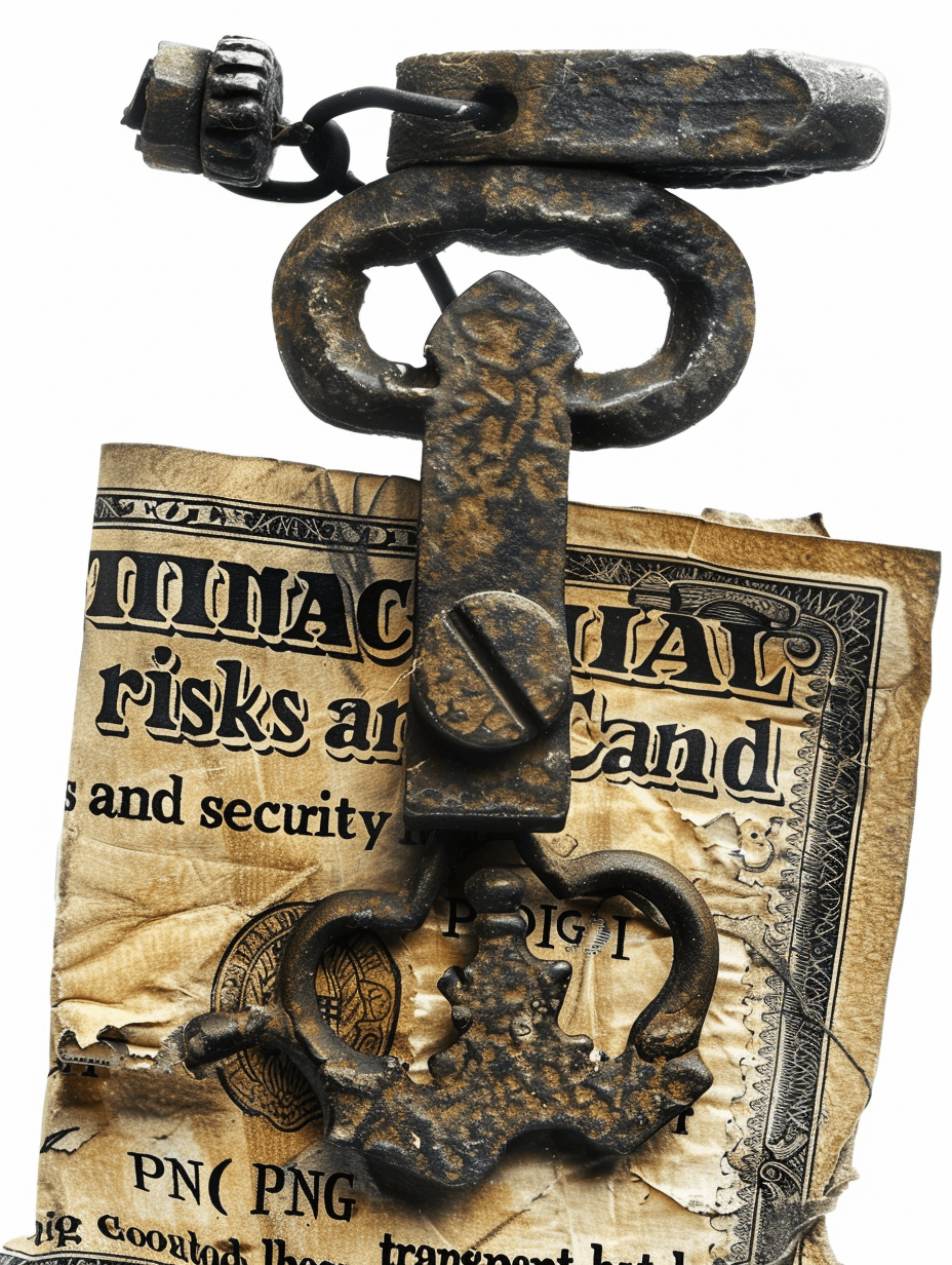 A vintage key, with “entina’s creatures and security” written on it; next to the lock is an old bill of “risks”, and money clip in black metal with silver details, all isolated against a white background.