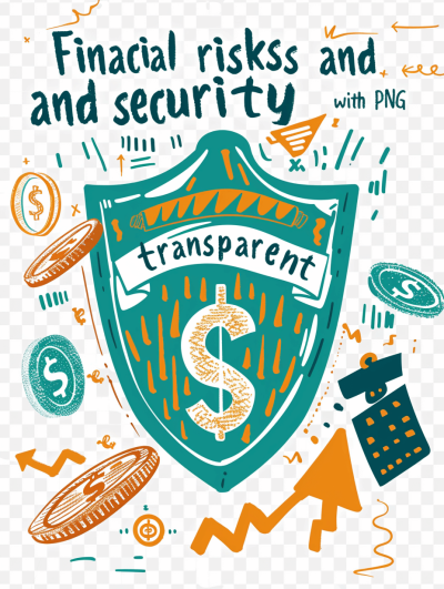 The shield with the words "freak financial risks and security" written on it, with dollar signs, coins and a doodle style illustration, is a sticker design using orange and teal colors. It has a transparent background and is in PNG format. The cute cartoon money symbol is part of a clip art vector sticker sheet in the style of a doodle.