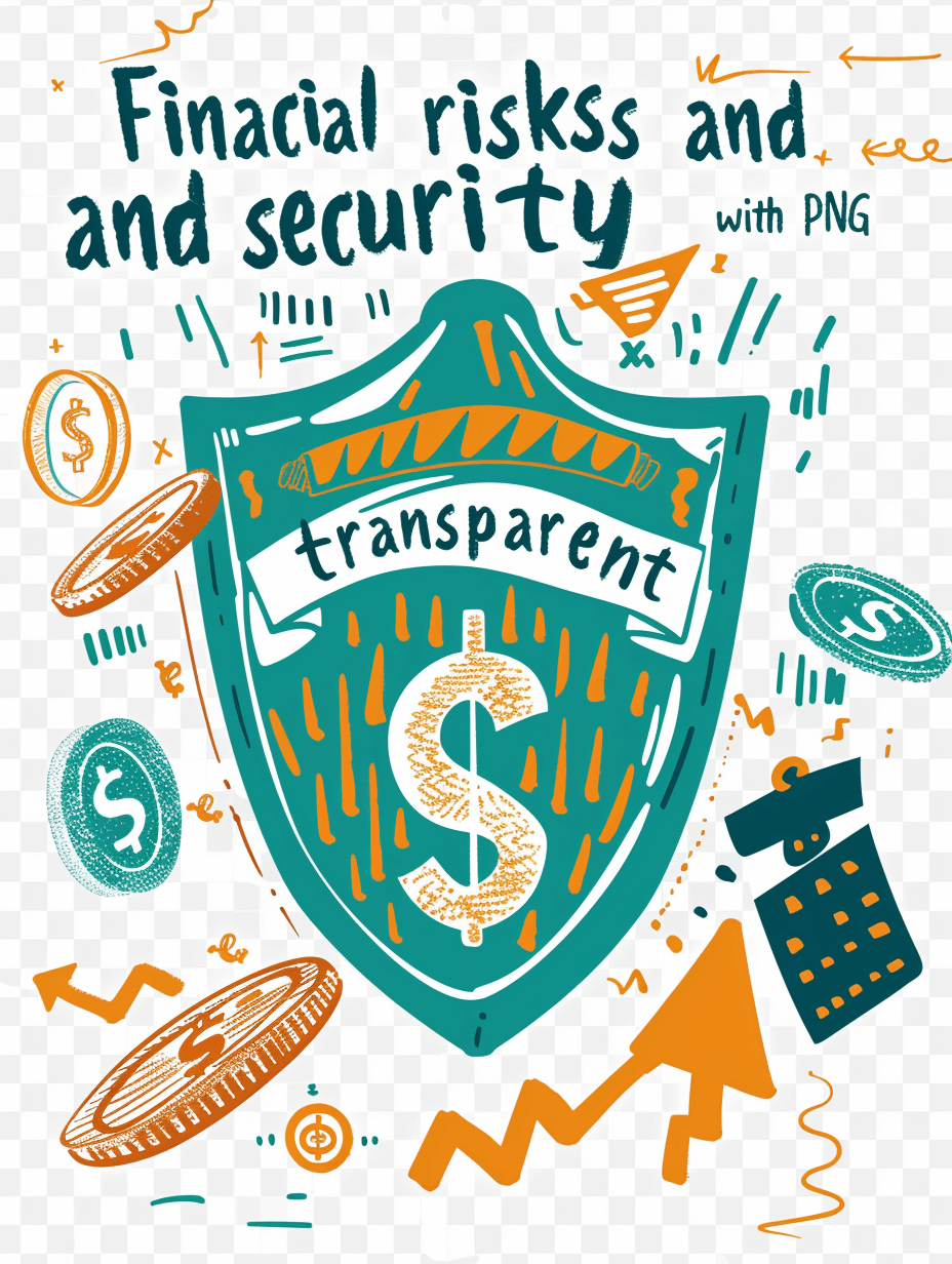 The shield with the words “freak financial risks and security” written on it, with dollar signs, coins and a doodle style illustration, is a sticker design using orange and teal colors. It has a transparent background and is in PNG format. The cute cartoon money symbol is part of a clip art vector sticker sheet in the style of a doodle.