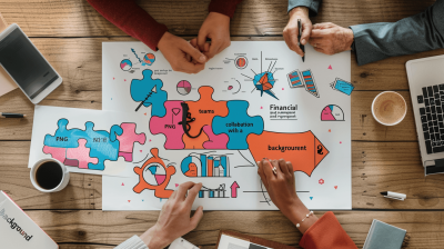 An overhead shot of three people sitting at an office desk, holding pieces to complete the puzzle symbolizing "uppetzar's financial collaboration with team members." The table is scattered with papers and coffee mugs, while in front of them lies a large white paper on which various business graphics like graphs or charts have been drawn. A colorful cartoonstyle illustration of interconnectedness between these icons highlights their common theme. In one corner sits a laptop showing AI data, adding depth to the scene.