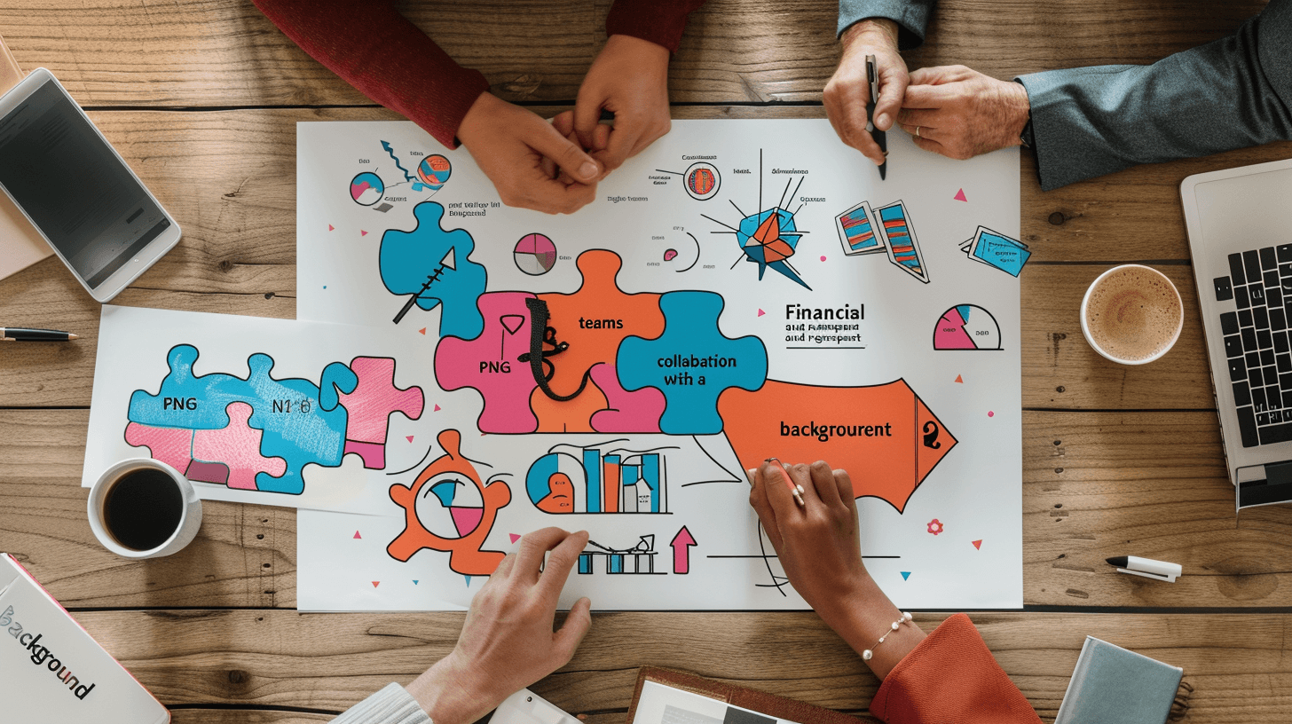 An overhead shot of three people sitting at an office desk, holding pieces to complete the puzzle symbolizing “uppetzar’s financial collaboration with team members.” The table is scattered with papers and coffee mugs, while in front of them lies a large white paper on which various business graphics like graphs or charts have been drawn. A colorful cartoonstyle illustration of interconnectedness between these icons highlights their common theme. In one corner sits a laptop showing AI data, adding depth to the scene.