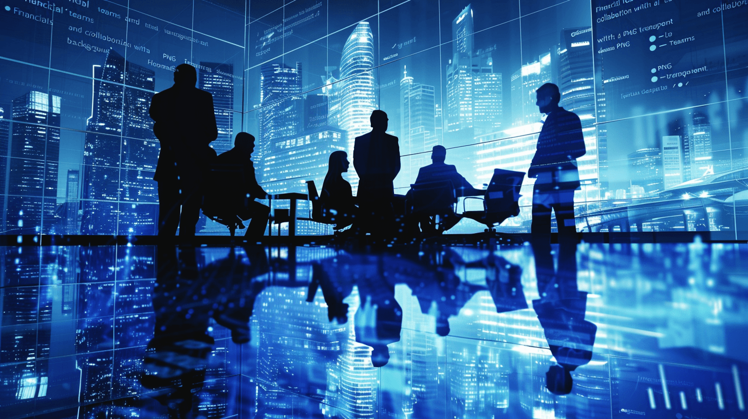 Silhouettes of business people in an office meeting with a cityscape and digital data visualizations in the background, with a blue color scheme.