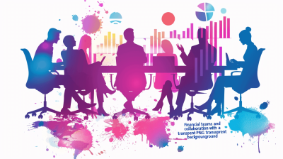 financial team collaboration with transparent background, meeting table , charts and graphs, people sitting in silhouette, colorful splashes" vector illustration by flaticon and dribbble, behance hd, adobe stock, adobe illustrator, ad design. white and purple colors. vector art, professional graphic designer, digital artist. 2d flat design, professional digital artwork. high resolution, high definition. high quality.