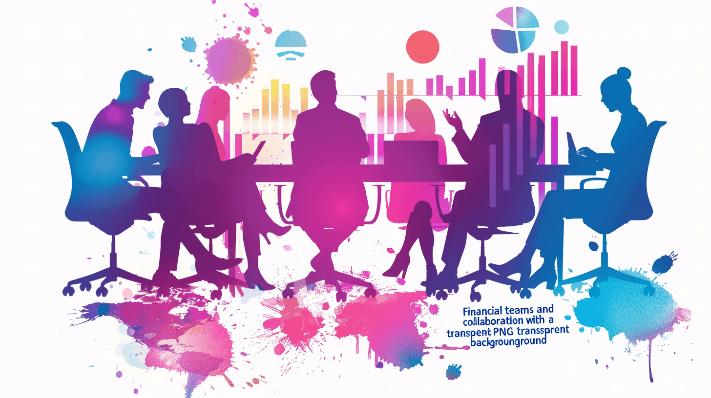 financial team collaboration with transparent background, meeting table , charts and graphs, people sitting in silhouette, colorful splashes” vector illustration by flaticon and dribbble, behance hd, adobe stock, adobe illustrator, ad design. white and purple colors. vector art, professional graphic designer, digital artist. 2d flat design, professional digital artwork. high resolution, high definition. high quality.