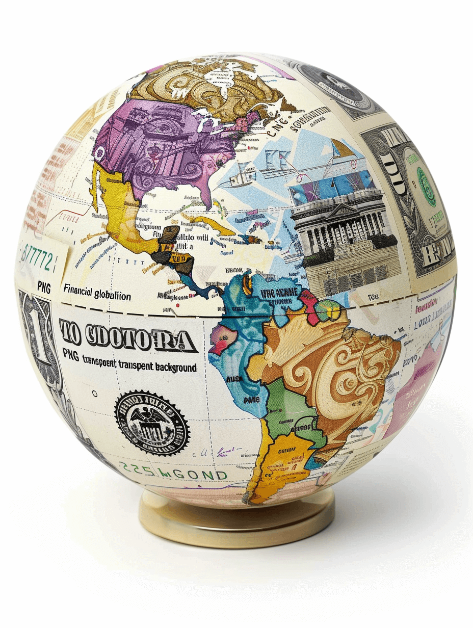 The global exhibition globe with American dollar bills, a map of the world and global financial symbols, on a transparent background, in the colors of white, beige, yellow, green, blue, purple and pink, in a high resolution, high detail, high quality, high definition, high sharpness, high focus, high clarity, high exposure, high contrast, high dynamic range, Highresolution, Highpoly style.