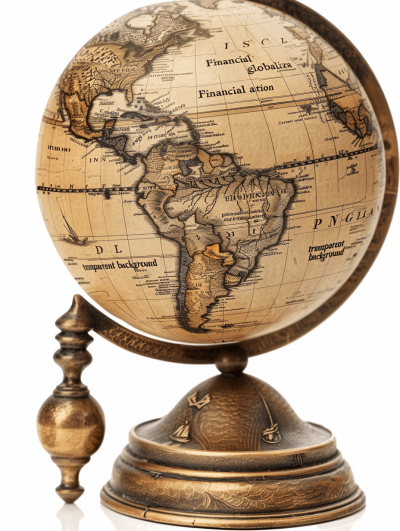 A globe with the world map, centered on South America and Asia, with "finlitana" and "overs板" written in clear text on it. The background is transparent or white to highlight details of the antique brass stand and the detailed cartography. White Background