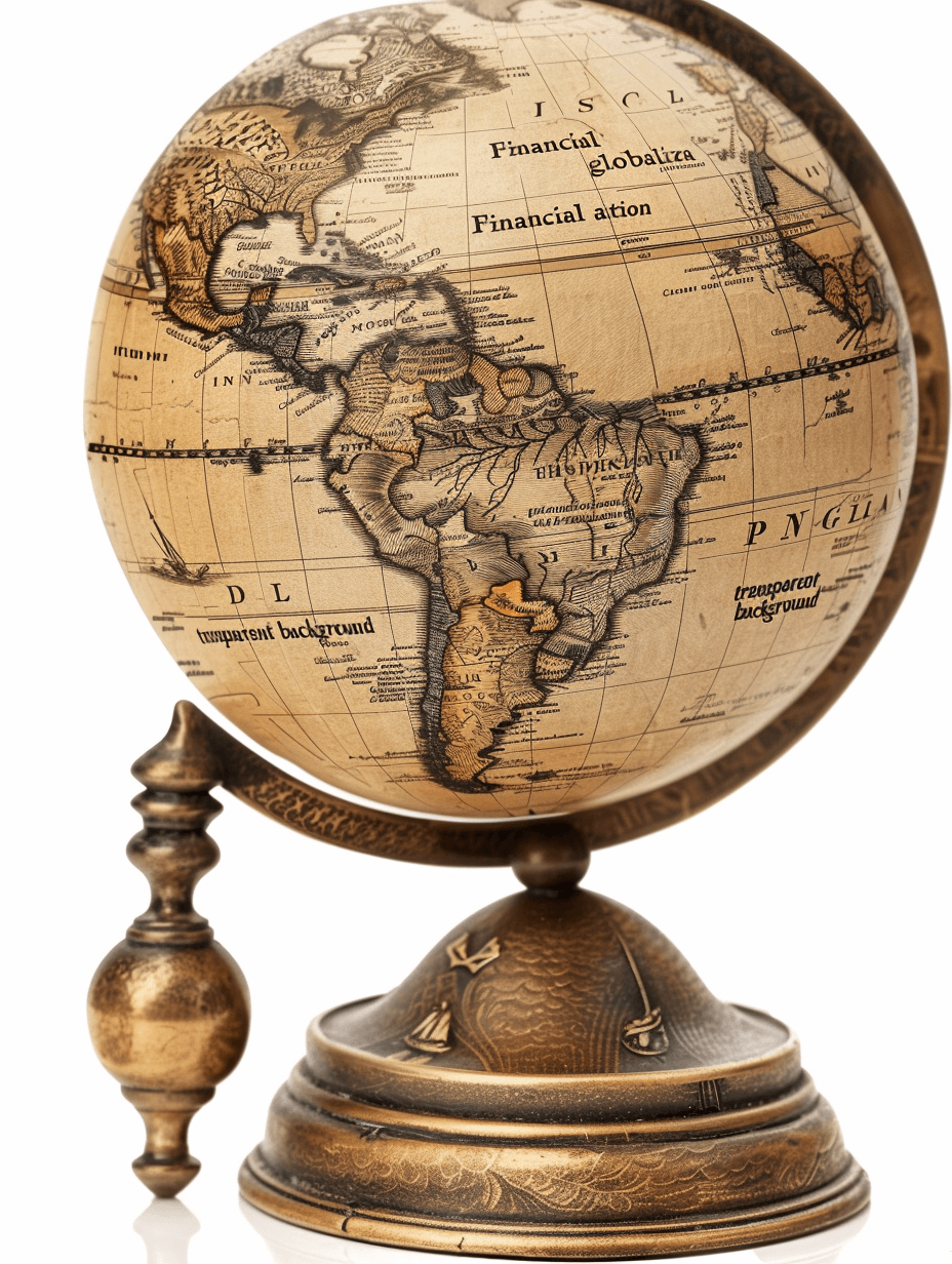 A globe with the world map, centered on South America and Asia, with “finlitana” and “overs板” written in clear text on it. The background is transparent or white to highlight details of the antique brass stand and the detailed cartography. White Background