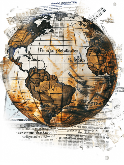 A detailed globe with the "Milano" and earth in brown, adorned in the style of newspaper texture collage of stock market charts on a white background, in an abstract oil painting illustration style, with textural detail, a layered composition with various elements, organic shapes, neutral tones, and the words 'VECTOR stance financial globalisation' in orange letters at the top center, set against an aged paper backdrop with visible textures, giving it a vintage feel.