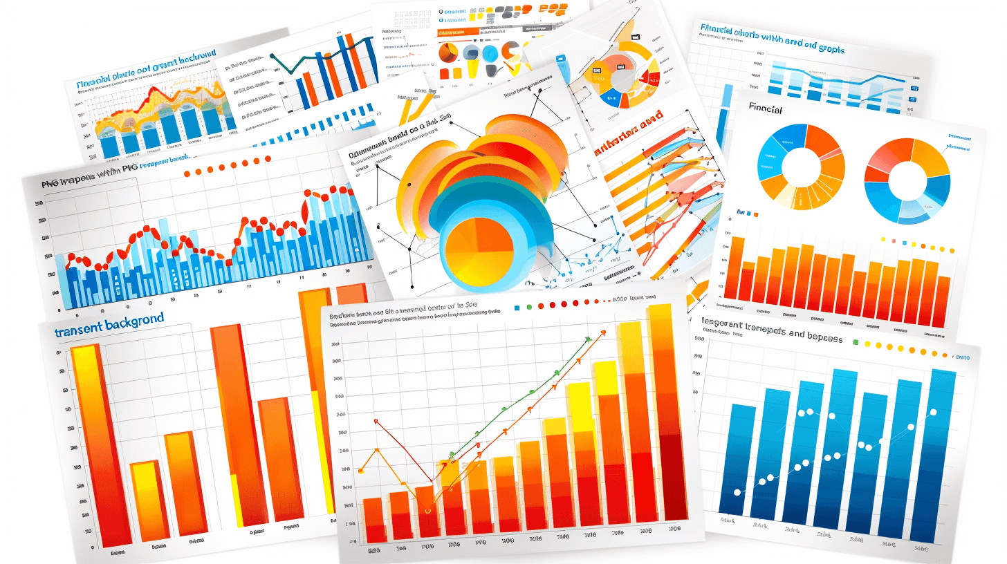 A collage of colorful data visualizations and graphs, such as bar charts or pie charts, displayed on a white background paper with no text or letters in the images. The colors should be bright and eyecatching to emphasize their importance for making scientific data understandable with strong graphics. This scene could represent various types of dashboarding and visualization tools used in the style of appealing people working in an office environment. Vector illustration, white background.