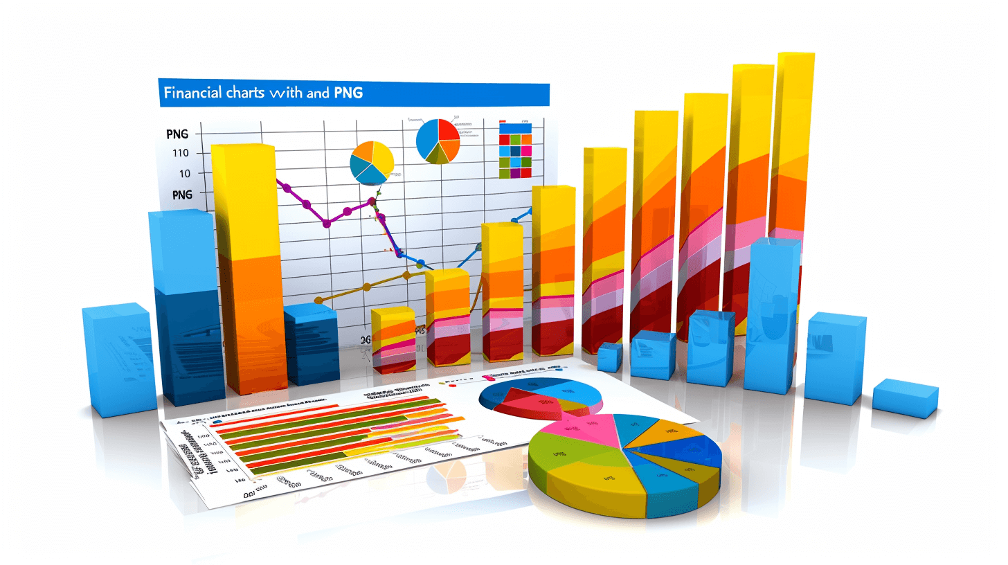 3D render of financial charts with bar graph, pie chart and document “VECTOR setting, element for design on white background” stock photo contest winner, best quality, high resolution, high detail, colorful, vibrant colors, white background, PNG cutout, transparent PNG file. In the style of 0.25.