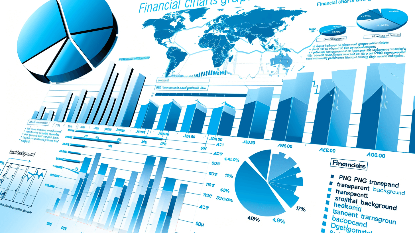 piral financial charts group”, graphs and pie supplies, “png transparent background”, blue color theme, global map of the world in top left corner, business images stock photo, financial chart with bar graph and data points