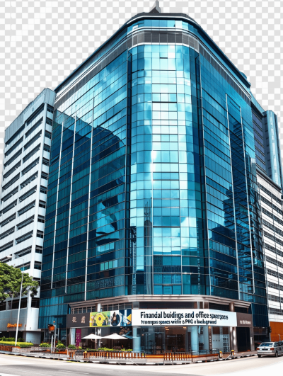 Professional financial buildings and office spaces within transparent background." realistic stock photography, blue glass building with text "pilek ambank", hong k />
. style raw, no shadow on the ground, transparent png