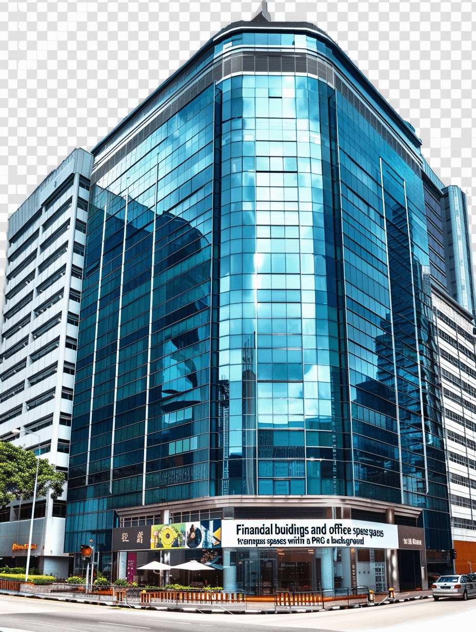 Professional financial buildings and office spaces within transparent background.” realistic stock photography, blue glass building with text “pilek ambank”, hong k />
. style raw, no shadow on the ground, transparent png