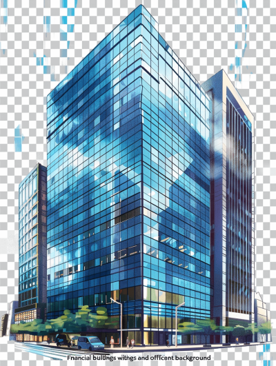 eternal financial buildings with blue glass windows and offices, financial building background in the style of transparent png, in the anime style, watercolor, cartoon