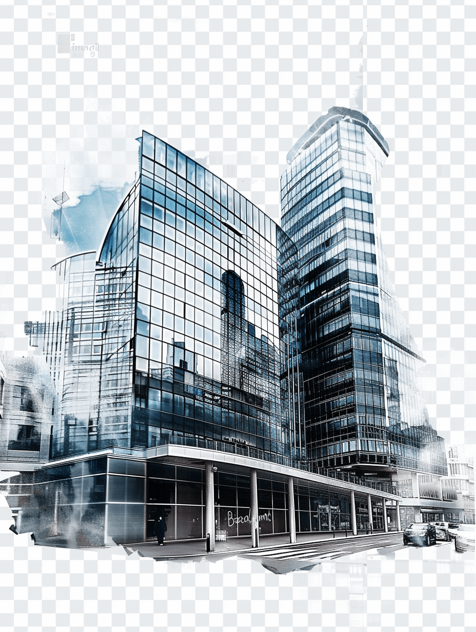 sketch of a modern office building with a glass facade, transparent background, in the style of png style, white and blue colors, transparent watercolor effect, professional quality