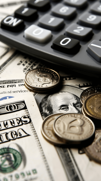 A calculator and US dollar bills with coins on the table, in the style of closeup detail photography, high resolution photography, stock photo style.