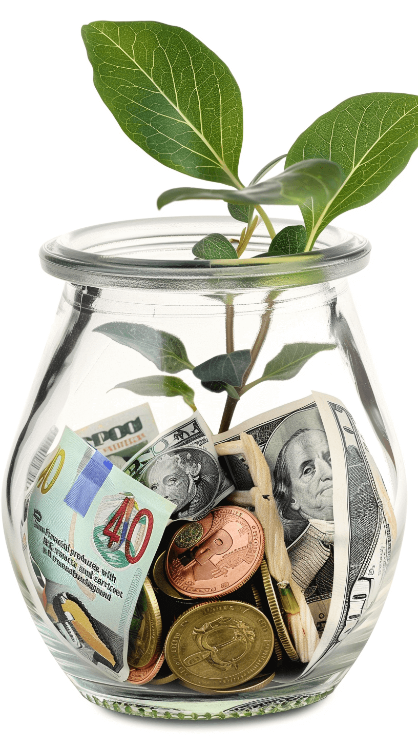 A glass jar with coins and banknotes inside, a green plant sprouting from the top. The background is white. It is a high resolution photo, isolated on a white background. It is a high quality photograph with sharp focus and highly detailed. The color grading is professional with soft shadows and no contrast. The focus is clean and sharp. It is a digital photograph in the style of professional photography.