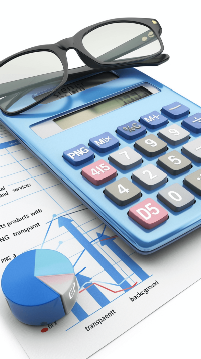 3D render of a blue calculator with glasses on top, graphs and charts in the background, white background, transparent PNG, glassy textures, soft edges, 2D illustration in the style of Maya phi, colorful, vibrant, product photography, high resolution, sharp focus, high detail, ultra realistic, high definition, high contrast, isolated on the left side of the page, white background, with text "Maya phi" and "v5K clear transparent services", 40% rule.