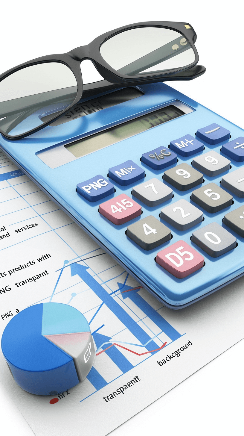 3D render of a blue calculator with glasses on top, graphs and charts in the background, white background, transparent PNG, glassy textures, soft edges, 2D illustration in the style of Maya phi, colorful, vibrant, product photography, high resolution, sharp focus, high detail, ultra realistic, high definition, high contrast, isolated on the left side of the page, white background, with text “Maya phi” and “v5K clear transparent services”, 40% rule.