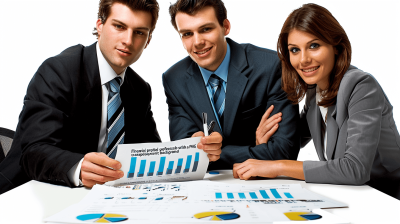 Three business people are smiling and sitting at a table with financial charts and graphs on it. They are pointing to a graph on paper showing the success of their company. "Crack down several powerful options for candid professional portrait photography" stock photo contest winner with a white background. Professional photography with high resolution, sharp focus, and detailed sharp details in the style of stock photography and stock photoshot stock images.