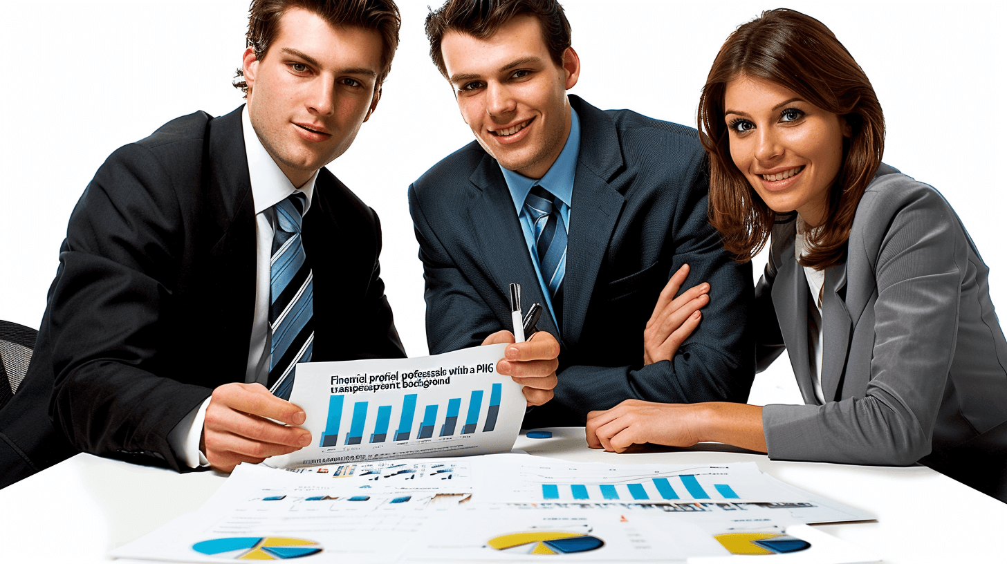 Three business people are smiling and sitting at a table with financial charts and graphs on it. They are pointing to a graph on paper showing the success of their company. “Crack down several powerful options for candid professional portrait photography” stock photo contest winner with a white background. Professional photography with high resolution, sharp focus, and detailed sharp details in the style of stock photography and stock photoshot stock images.