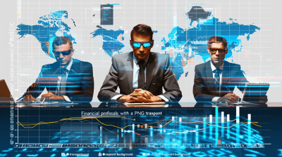 financial directional photography of three business men with smart glasses, sitting at a table in front of their laptops and work explosion blue graphs on a digital map background. "Permanently connected to data and artificial intelligence world, data visualization charts." transparent background PNG transparent illustration stock photo for web banner in the style of explosion.