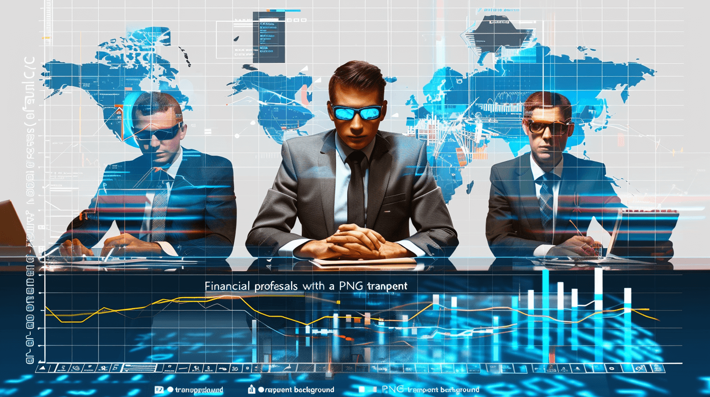 financial directional photography of three business men with smart glasses, sitting at a table in front of their laptops and work explosion blue graphs on a digital map background. “Permanently connected to data and artificial intelligence world, data visualization charts.” transparent background PNG transparent illustration stock photo for web banner in the style of explosion.