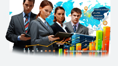 Clay canvas, a financial professional team in suits with graphs and charts on a digital tablet displaying growth of business, in the style of online network marketing graphic. Background is a transparent PNG, colorful world map iconography creating a corporate atmosphere with vibrant colors.