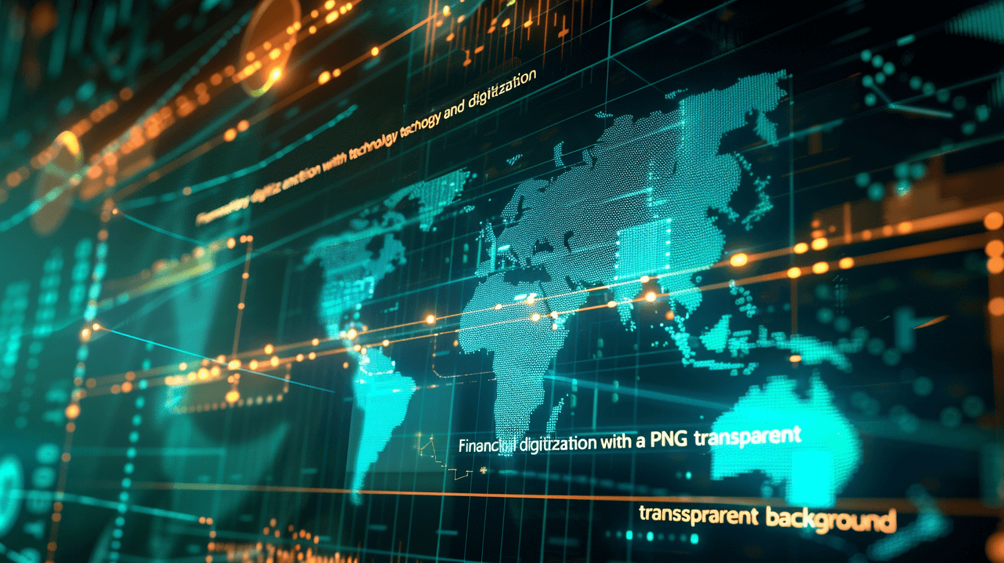 Professional financial digitalization with a transparent background, “Full screen map of the world on an abstract technological futuristic glass background, data and graphs on top, global economic charts. A modern, high-resolution graphic design featuring various elements representing AI technology in business such as neural networks, virtual reality or smart devices. It includes dynamic lines, glowing effects to symbolize innovation. Digital rendering in the style of modern design.