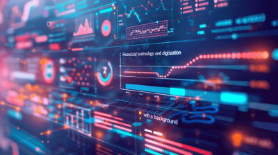 How to seated financial technology and digitalization with an abstract background." . This visual representation features a futuristic interface displaying various graphs, charts, data points, bar lines, or numbers on the screen. The color scheme is vibrant blue and red, creating a sense of energy and excitement in tech security industry .3d rendering, wide angle lens, cinematic light,