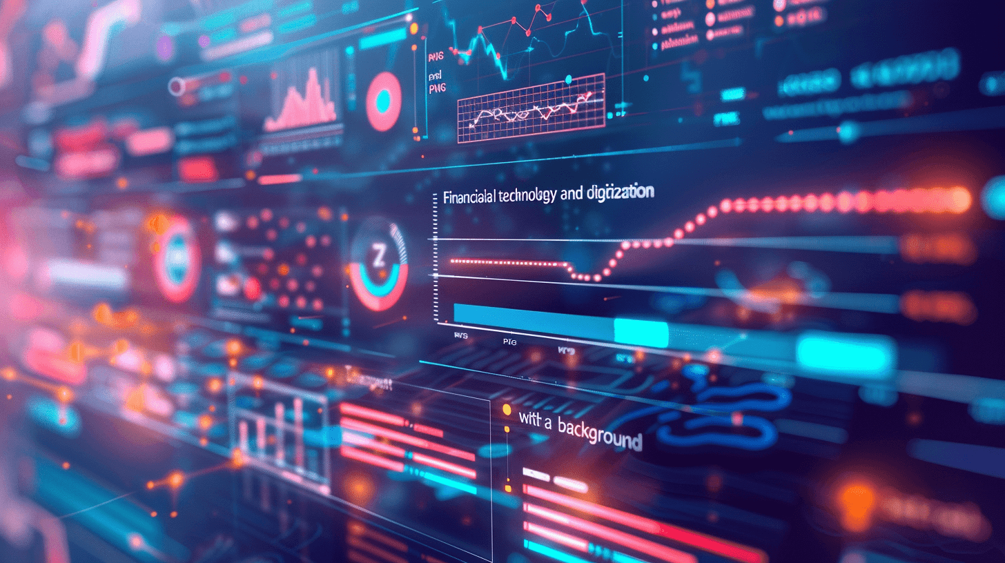 How to seated financial technology and digitalization with an abstract background.” . This visual representation features a futuristic interface displaying various graphs, charts, data points, bar lines, or numbers on the screen. The color scheme is vibrant blue and red, creating a sense of energy and excitement in tech security industry .3d rendering, wide angle lens, cinematic light,