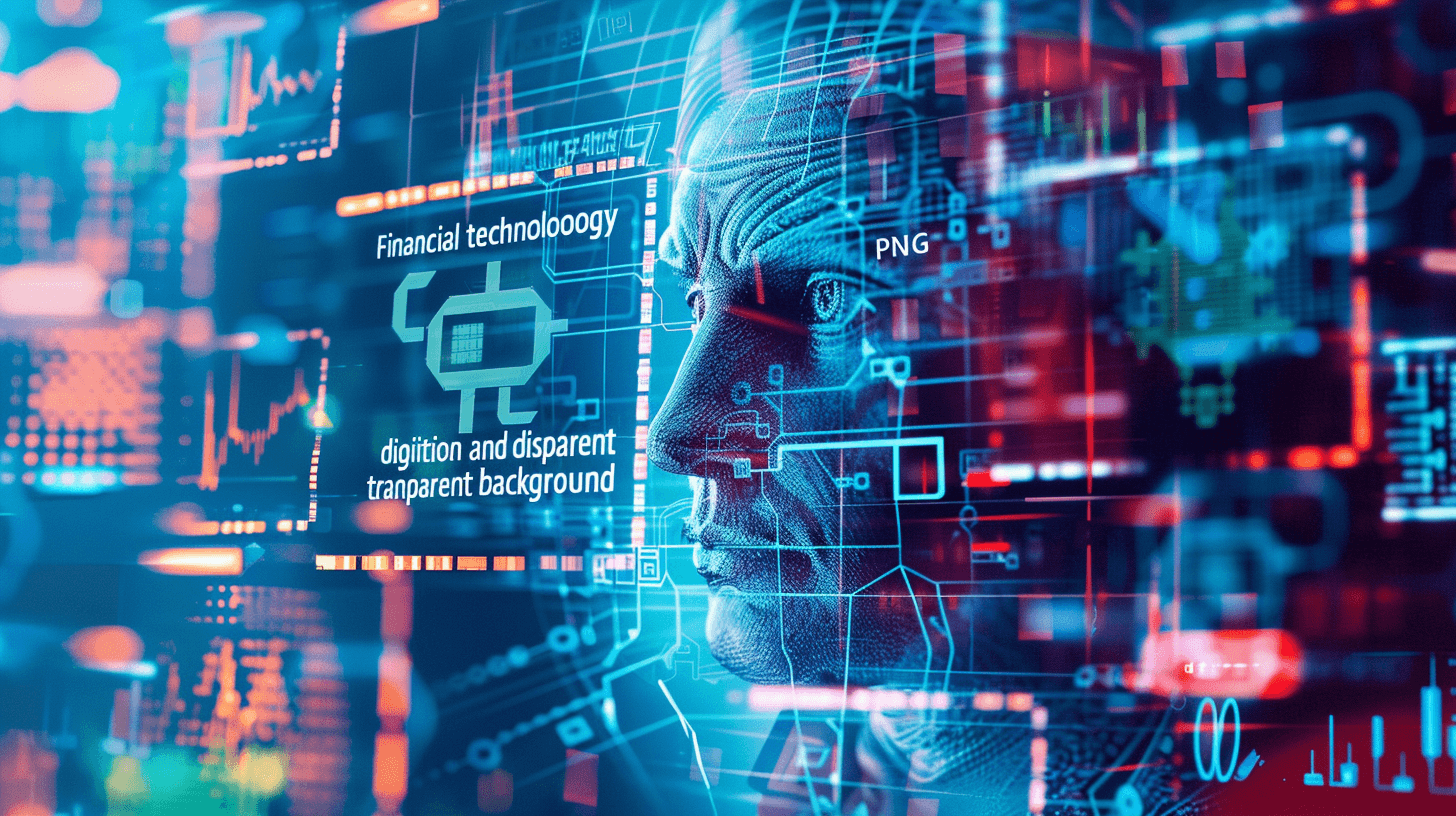 ptab mass digital and transparent background with financial technology theme. The concept of artificial intelligence in the field of financial technologies “a man’s face is visible through the hologram, in the style of hightech. Digital background with virtual elements on glass interface, red blue color gradient, futuristic digital illustration, stock photo.