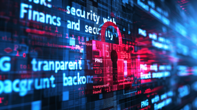 A digital illustration of "security, finance and transparent" words on the screen with a padlock symbol, in red color and blue background. The text is displayed in bold letters against an abstract technology-inspired backdrop. It creates a sense of technological advancement, highlighting themes like data protection or cyber security. The words should be in large size at the top center of the canvas, with 3D rendering in the style of technology.