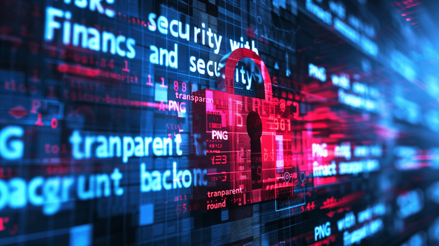 A digital illustration of “security, finance and transparent” words on the screen with a padlock symbol, in red color and blue background. The text is displayed in bold letters against an abstract technology-inspired backdrop. It creates a sense of technological advancement, highlighting themes like data protection or cyber security. The words should be in large size at the top center of the canvas, with 3D rendering in the style of technology.