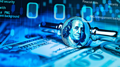 ", "A digital illustration of dollar bills and coins with financial charts in the background, representing US dollars, showcasing blue colors for security themes, transparent background." , focus on text . Shot by Nikon D850 with an 24mm f/ lens at ISO 63D d70 hd, high resolution