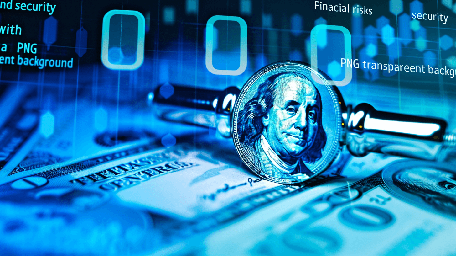 “, “A digital illustration of dollar bills and coins with financial charts in the background, representing US dollars, showcasing blue colors for security themes, transparent background.” , focus on text . Shot by Nikon D850 with an 24mm f/ lens at ISO 63D d70 hd, high resolution