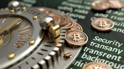 A close up of an hour glass with coins and bitcoin on it. Text "iec security transplants background" written in the digital space next to them. A clock is also seen. 3d render in the style of digital space.